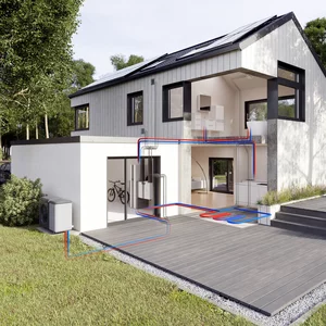 Schnittdarstellung Einfamilienhaus mit Wärmepumpe, PV und EEBus-Schnittstelle