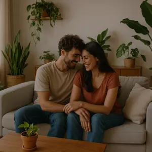 Pärchen im Wohnzimmer inmitten von Zimmerpflanzen